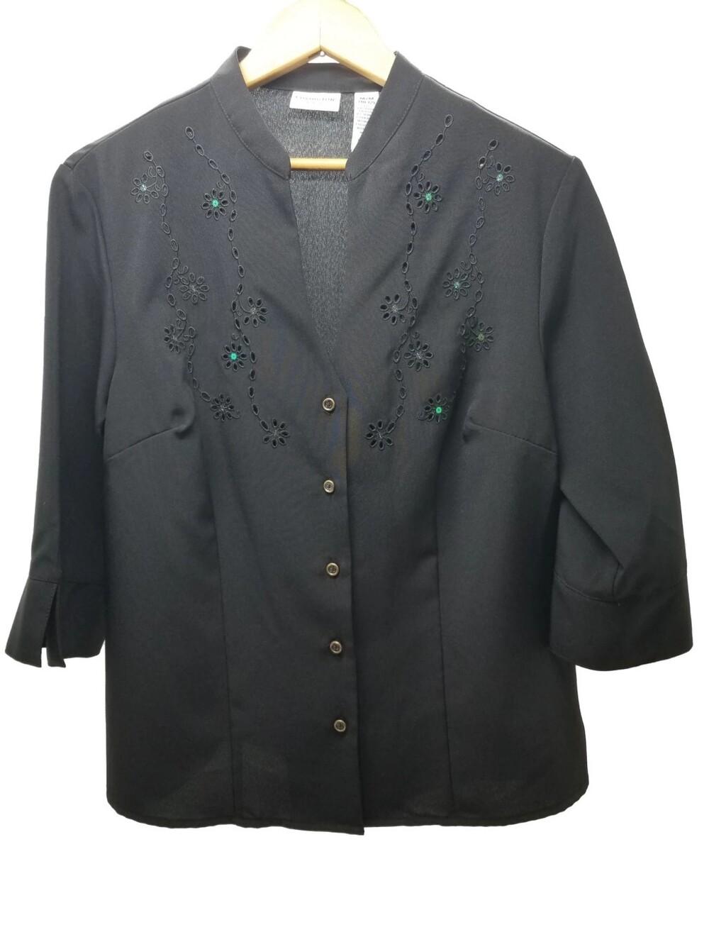 Covington Black Embroidered Button-Front Top with Blue Sequin Accents Sz Medium